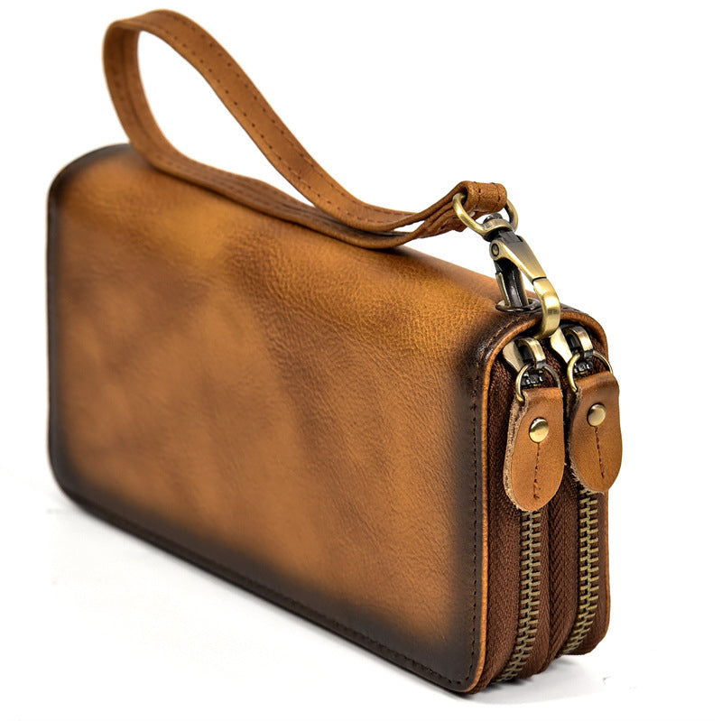 Men's Crazy Horse Leather Long Real Zipper Cowhide Men's Wallets