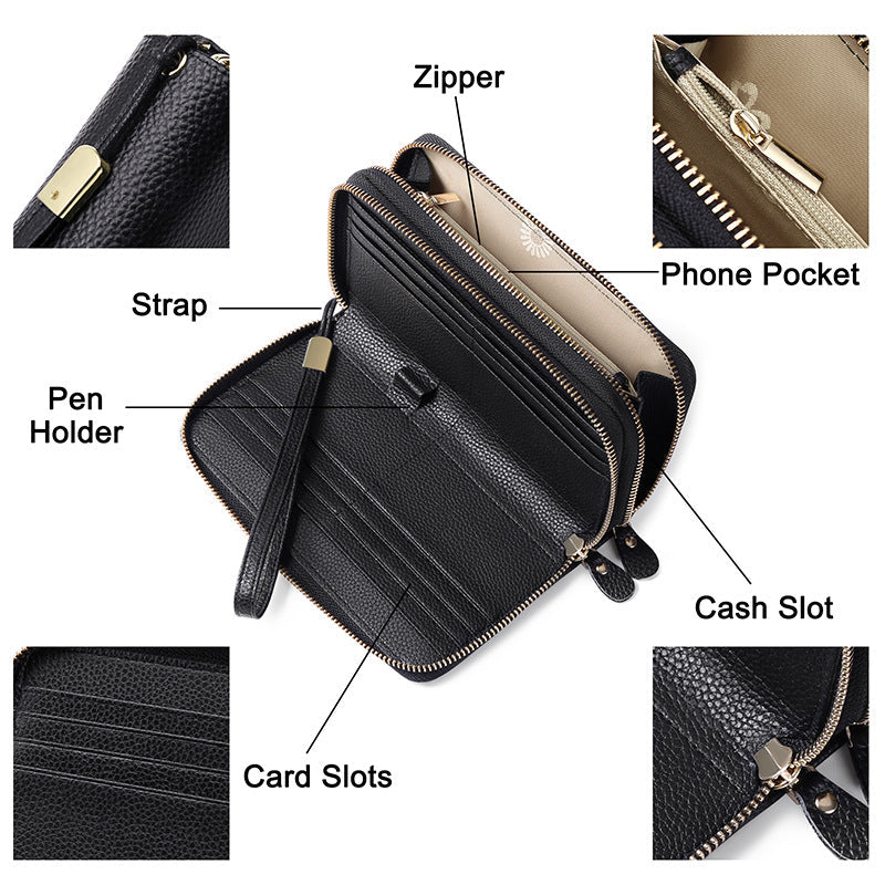 Women's Layer Cowhide Double Zip Clutch Trendy Ladies Wallets