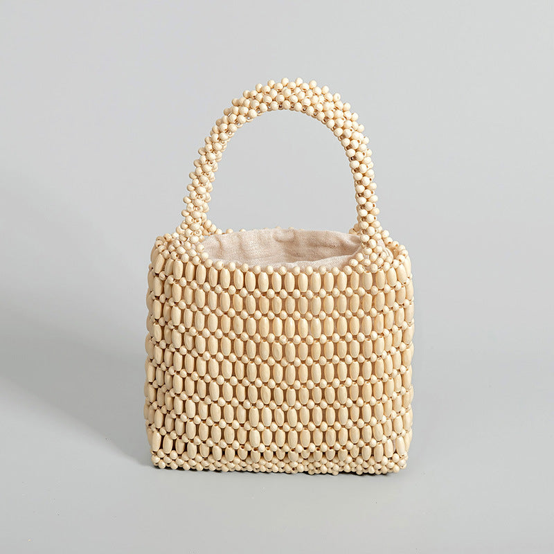 Women's Fashion With Wooden Beads Decoration Hand-woven Handbags