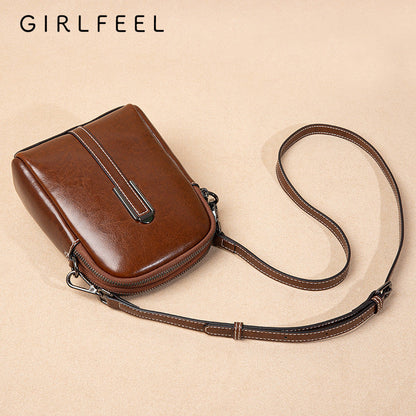 Women's Trendy Vintage Oil Wax Cowhide Double Crossbody Bags