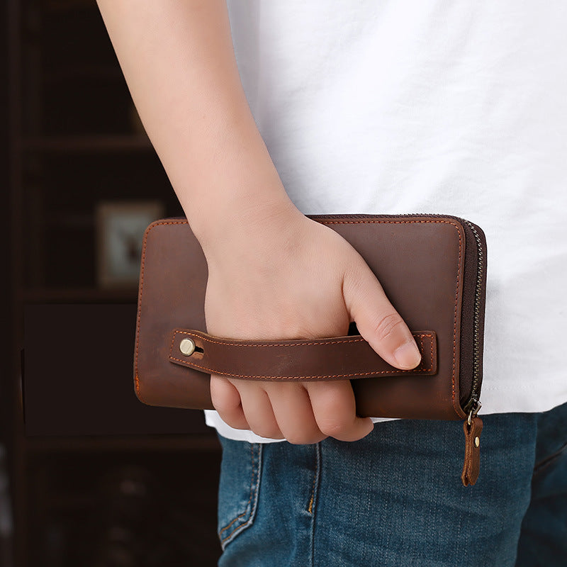 Men's Capacity Genuine Leather Clutch Crazy Horse Cigarette Mobile Men's Handbags