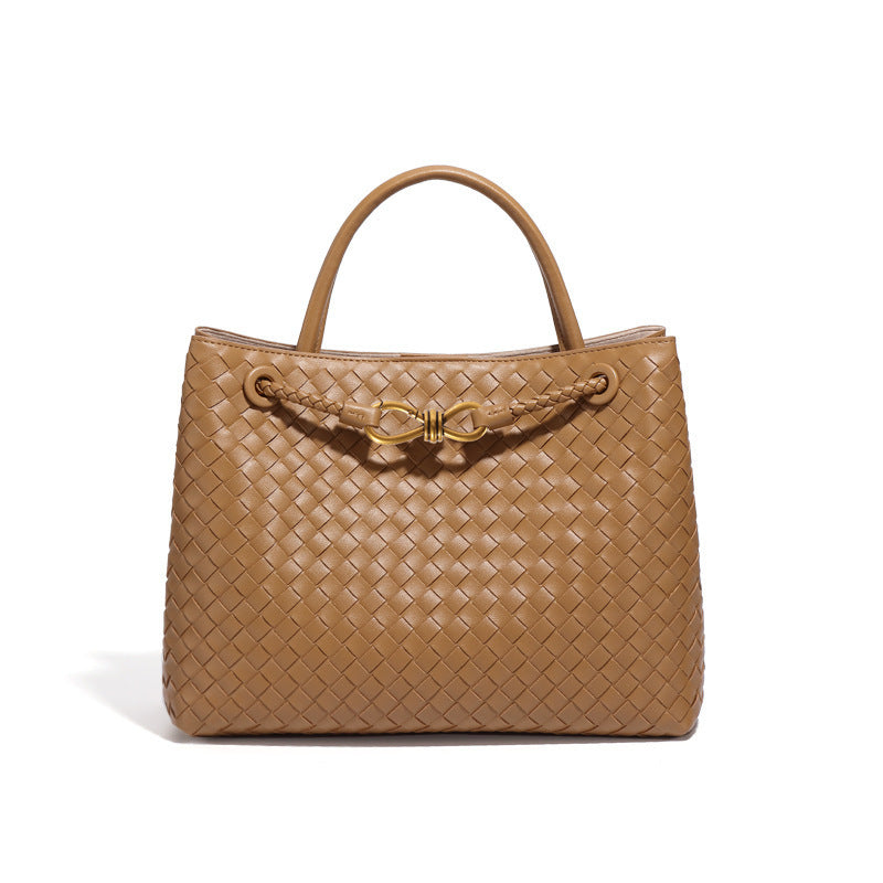Women's Design Metal Cord Fastener Authentic Leather Weave Portable Shoulder Bags