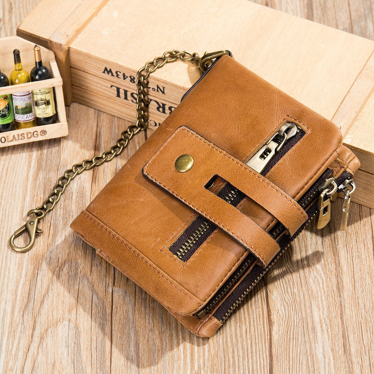 Men's Swiping Multifunctional Zipper Short Chain Genuine Men's Wallets