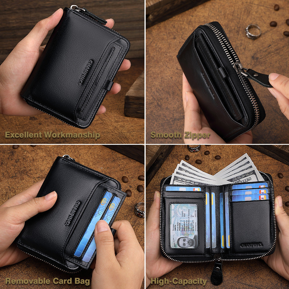 Men's Boxed First Layer Cowhide Extraction Zipper Men's Wallets