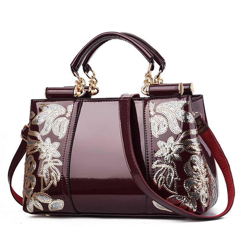 Women's Fashion Embroidery Large Capacity Bright Leather Shoulder Bags