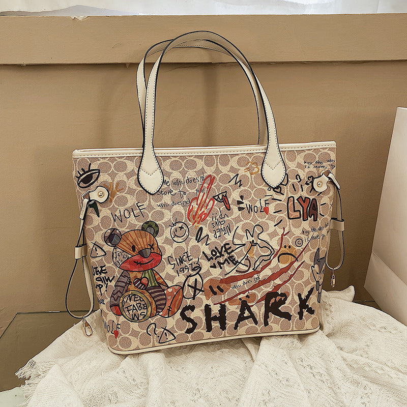 Women's Iti Cartoon Bear Soft Leather Textured Tote Bags