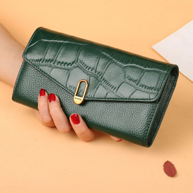 Women's First Layer Cowhide Long Two-fold Multiple Ladies Wallets
