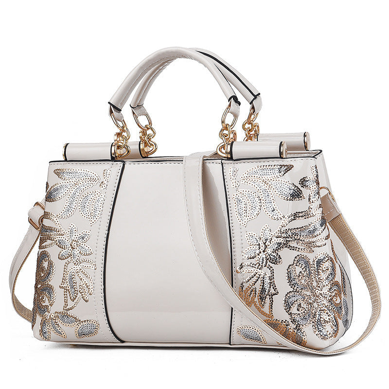 Women's Fashion Embroidery Large Capacity Bright Leather Shoulder Bags