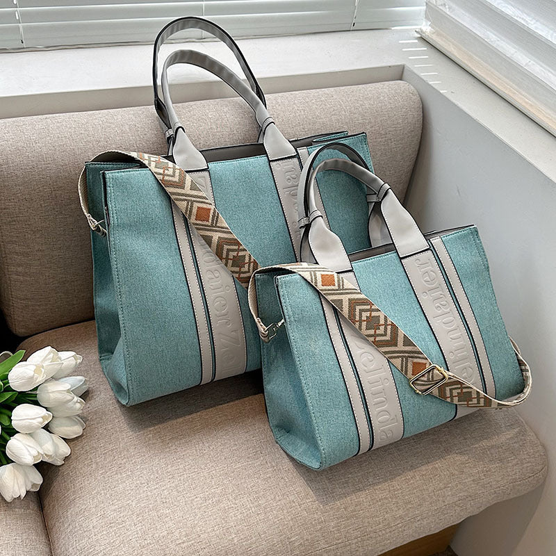 Women's Canvas Contrast Color Large Capacity Fashionable Tote Bags