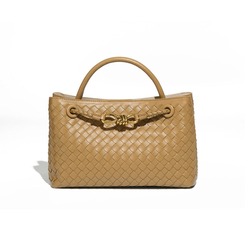 Women's Design Metal Cord Fastener Authentic Leather Weave Portable Shoulder Bags