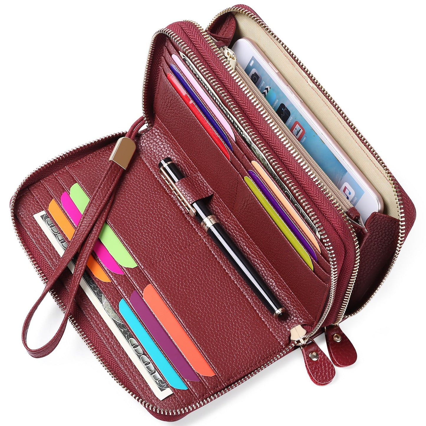Women's Layer Cowhide Double Zip Clutch Trendy Ladies Wallets