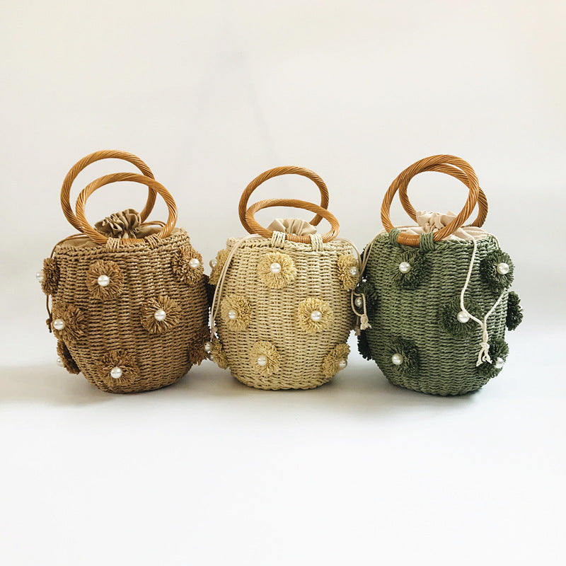Women's Flower Artificial Pearl Decoration Portable Basket Handbags