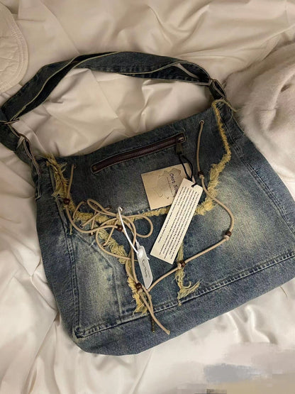 Tassel Canvas Jean Korean Style Large Crossbody Bags