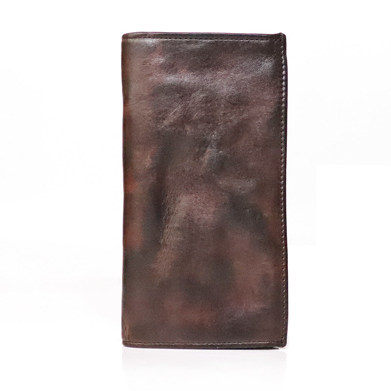 Men's Layer Cowhide Handmade Distressed Pleated Long Men's Wallets