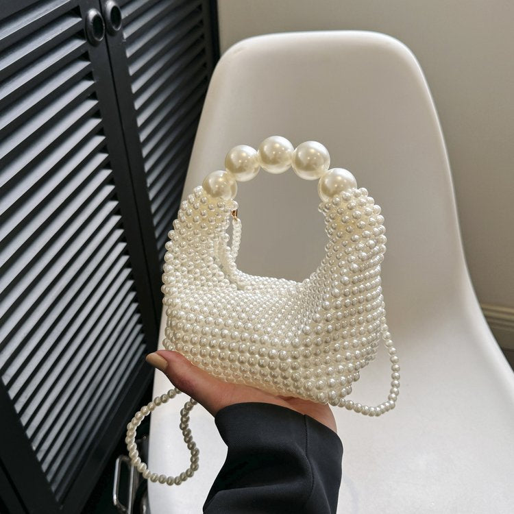Retro French Hollow Fairy Pearl Hand-woven Beads Boston Crossbody Bags