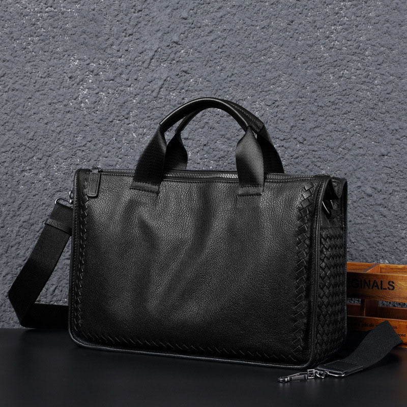 Men's Business Authentic Leather Weave Large Capacity Men's Briefcases