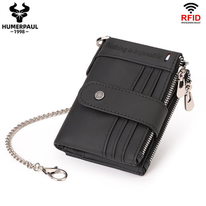 Men's Double Zipper Leather Multiple Slots Crazy Men's Wallets