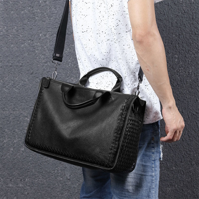 Men's Business Authentic Leather Weave Large Capacity Men's Briefcases