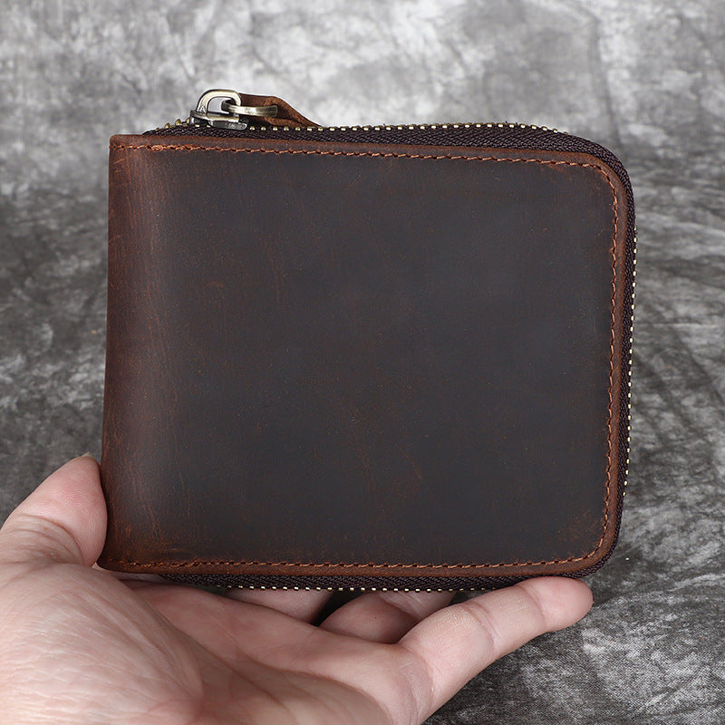 Men's Crazy Horse Leather Horizontal Zip Retro Men's Wallets