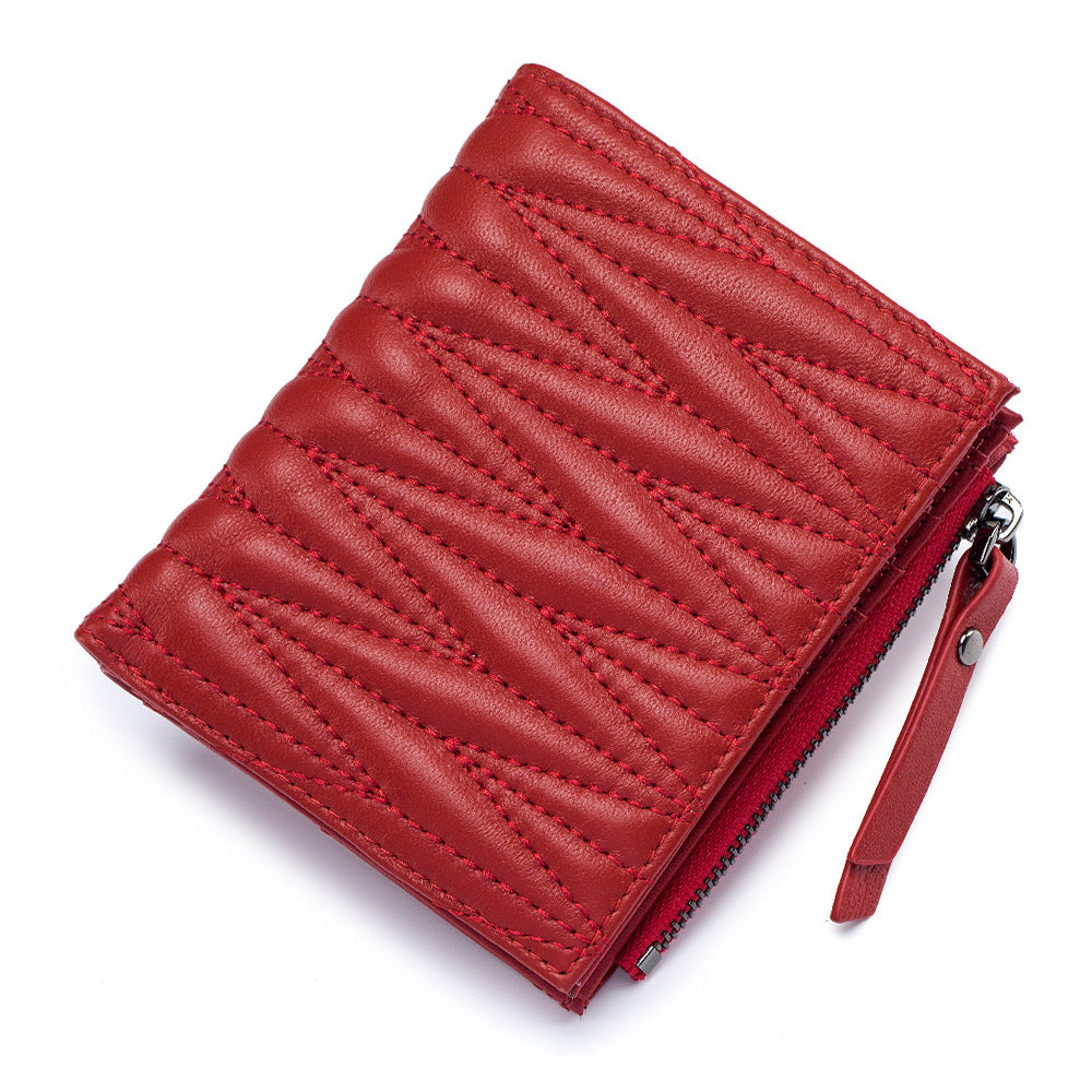 Women's Embroidered Folding Short Sheepskin Large Capacity Ladies Wallets