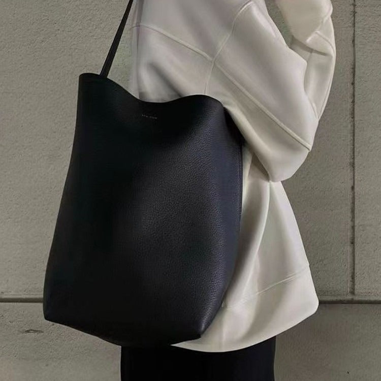 Genuine Leather Litchi Pattern Class Commuter Bucket Bags