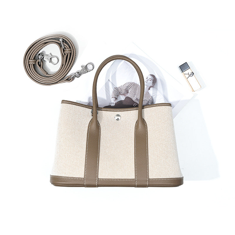 Women's Layer Cowhide Large Capacity Canvas Contrast Color Handbags