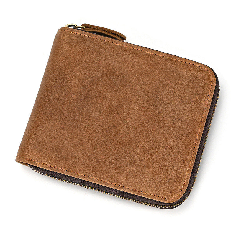 Men's Hot Leather Crazy Horse Zipper Short Ladies Wallets