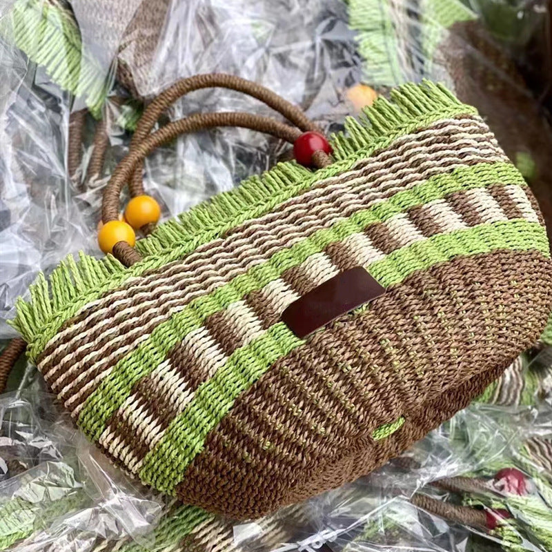 Basket Tassel Wooden Bead Decoration Cute Handbags