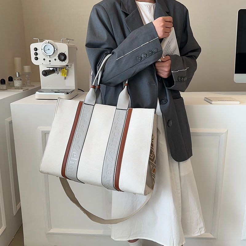 Women's Canvas Contrast Color Large Capacity Fashionable Tote Bags
