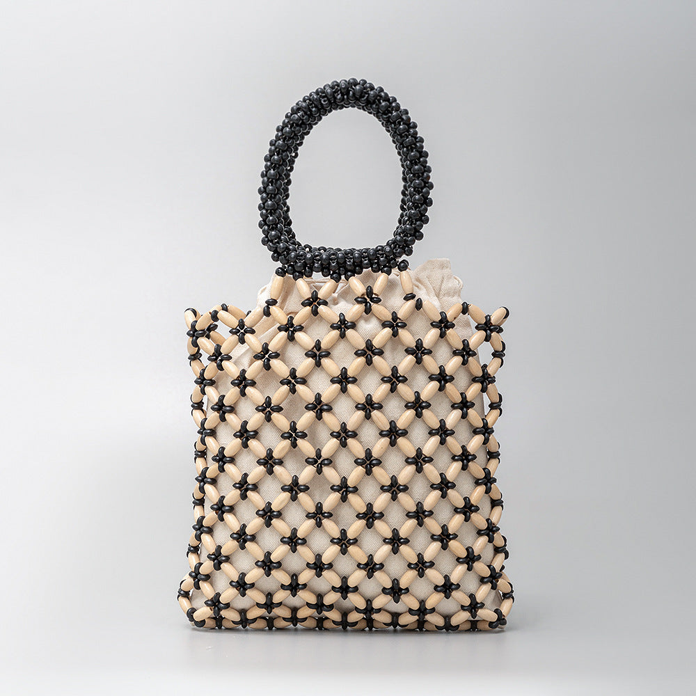 Women's Contrast Color Woven Commute Wooden Bead Shoulder Bags