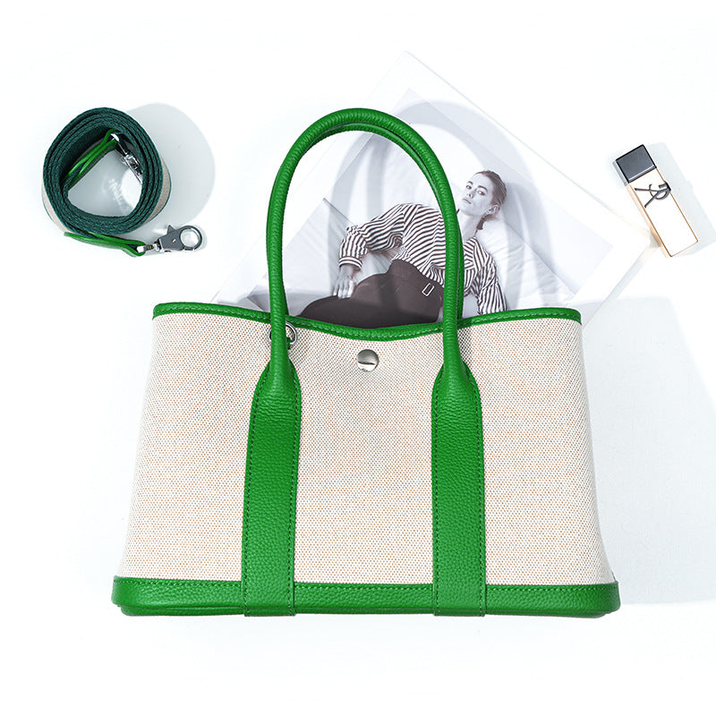 Women's Layer Cowhide Large Capacity Canvas Contrast Color Handbags