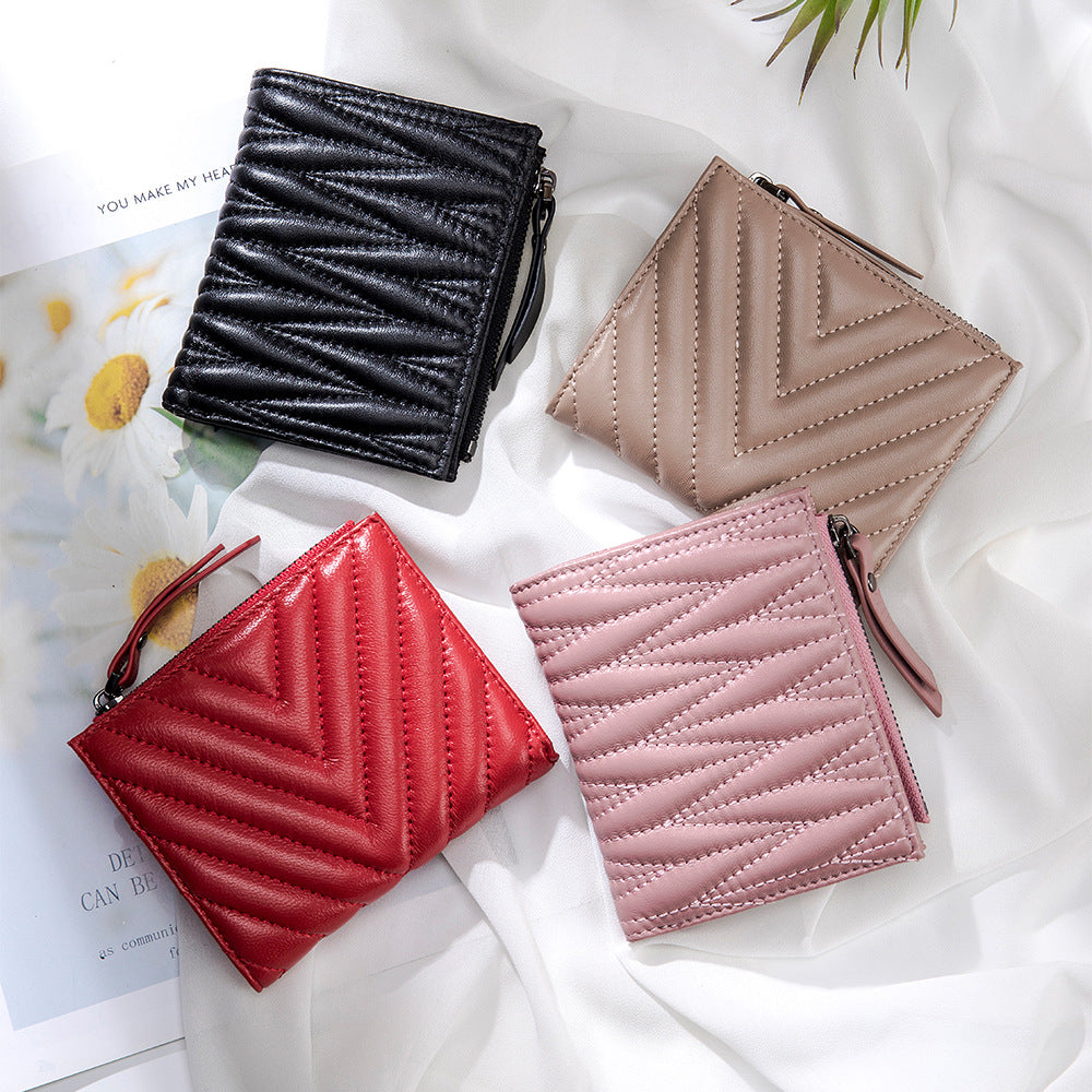 Women's Embroidered Folding Short Sheepskin Large Capacity Ladies Wallets