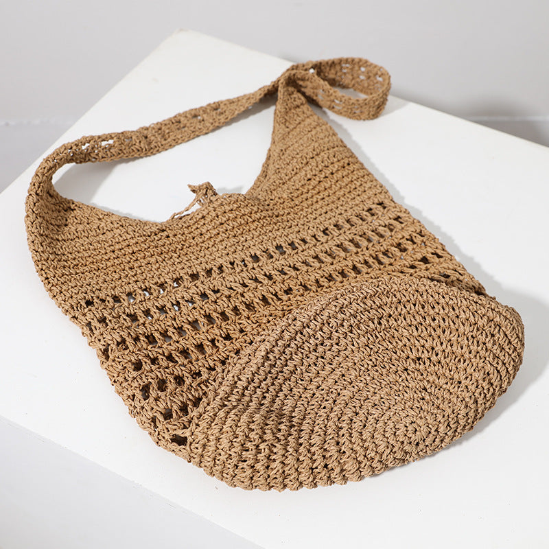 Capacity Straw Korean Style Hollowed Leisure Woven Portable Seaside Shoulder Bags