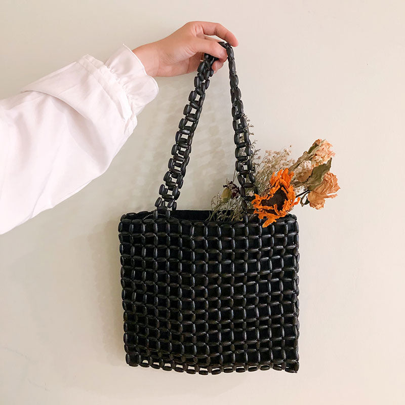 Autumn Large Capacity Wooden Bead Handmade Beaded Weave Shoulder Bags
