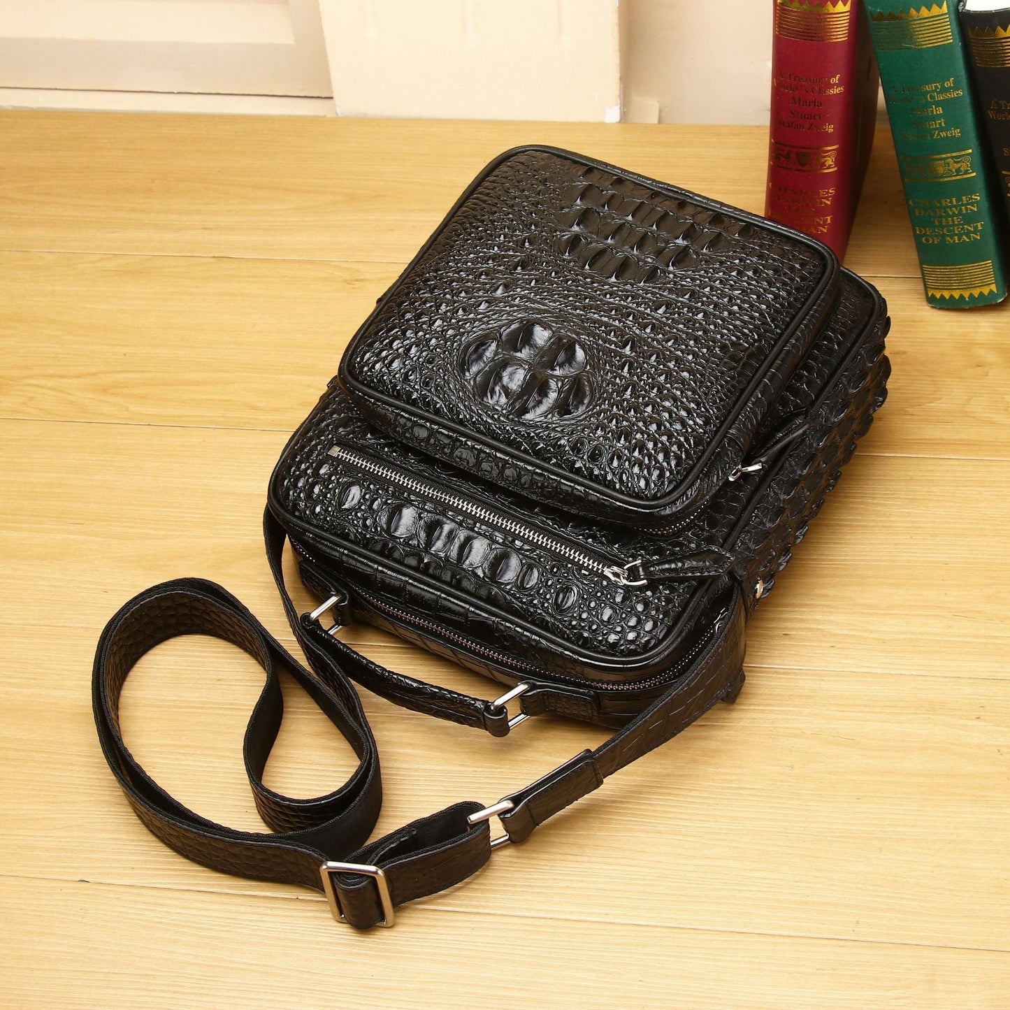 Men's Crocodile Fishbone Pattern Genuine Leather Fashion Men's Shoulder Bags