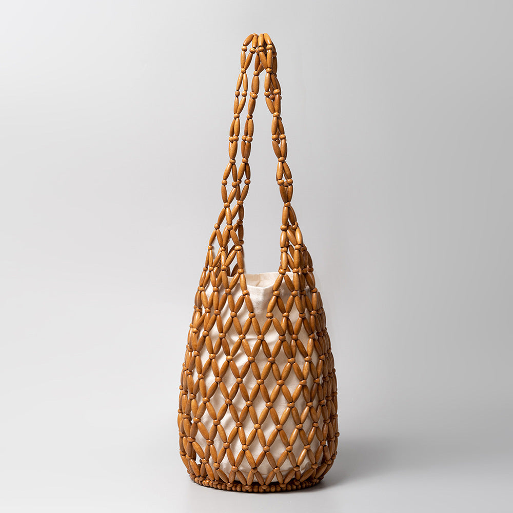 Women's Hollow Hand-woven Design Wooden Bead Summer Handbags