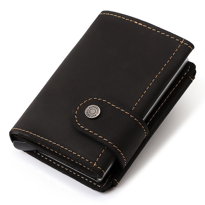 Men's Crazy Horse Leather Automatic Metal Cartridge Card Holder