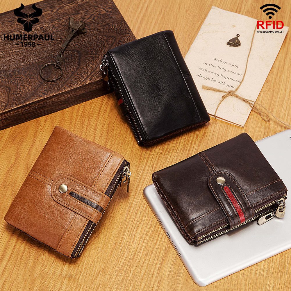 Men's Short Leather Zipper Vintage Cowhide Swiping Men's Wallets