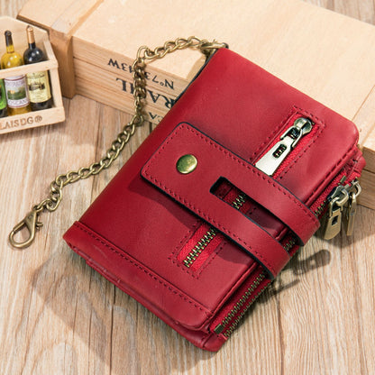 Men's Swiping Multifunctional Zipper Short Chain Genuine Men's Wallets
