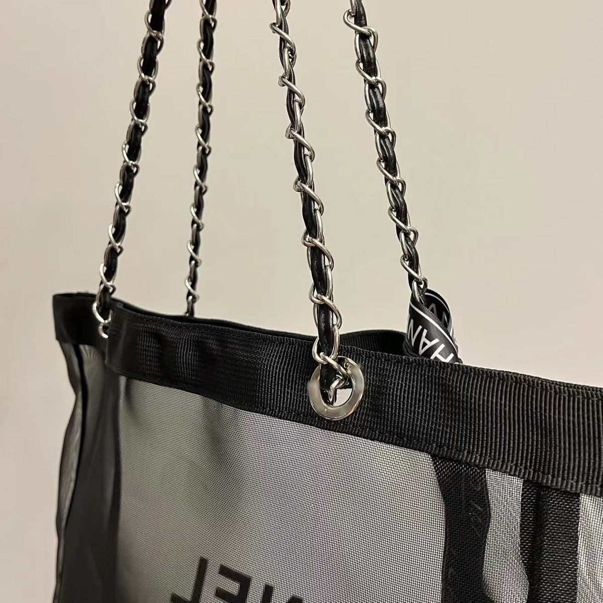 Women's Counter Nylon Screen Net Chain Black Tote Bags