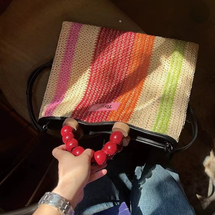 Sugar Gourd Contrast Color Striped Woven Shoulder Bags