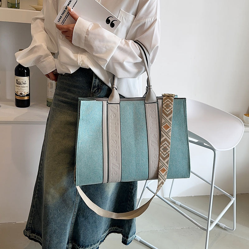Women's Canvas Contrast Color Large Capacity Fashionable Tote Bags