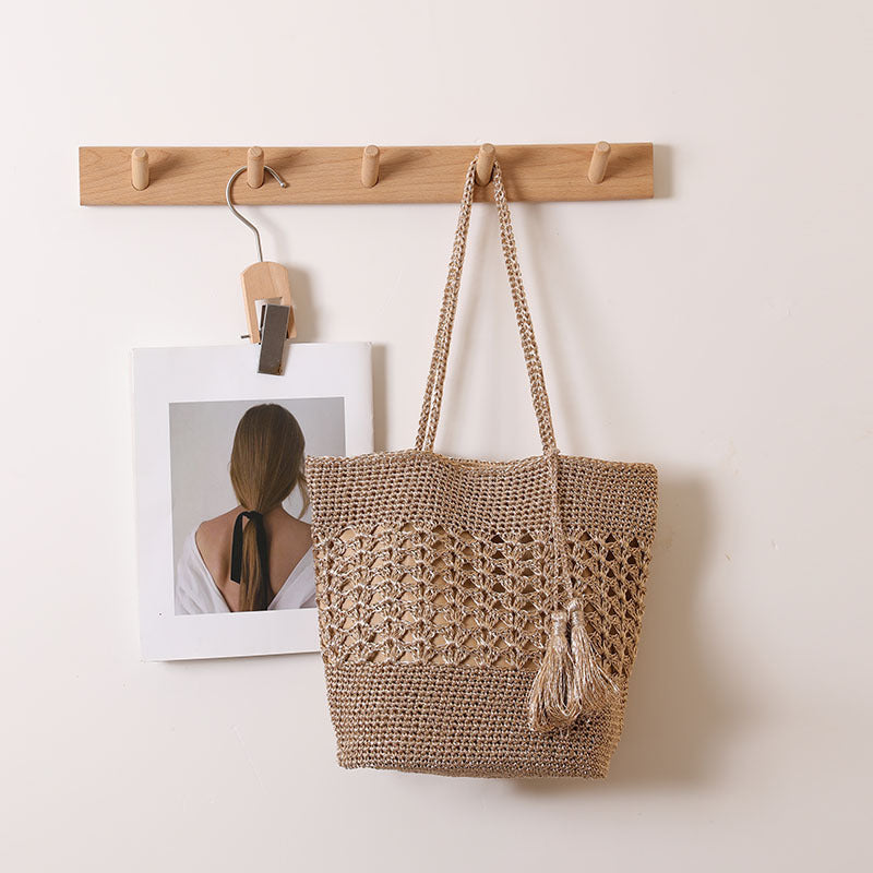 Women's Capacity Hollow Straw Tassel Woven Vacation Shoulder Bags