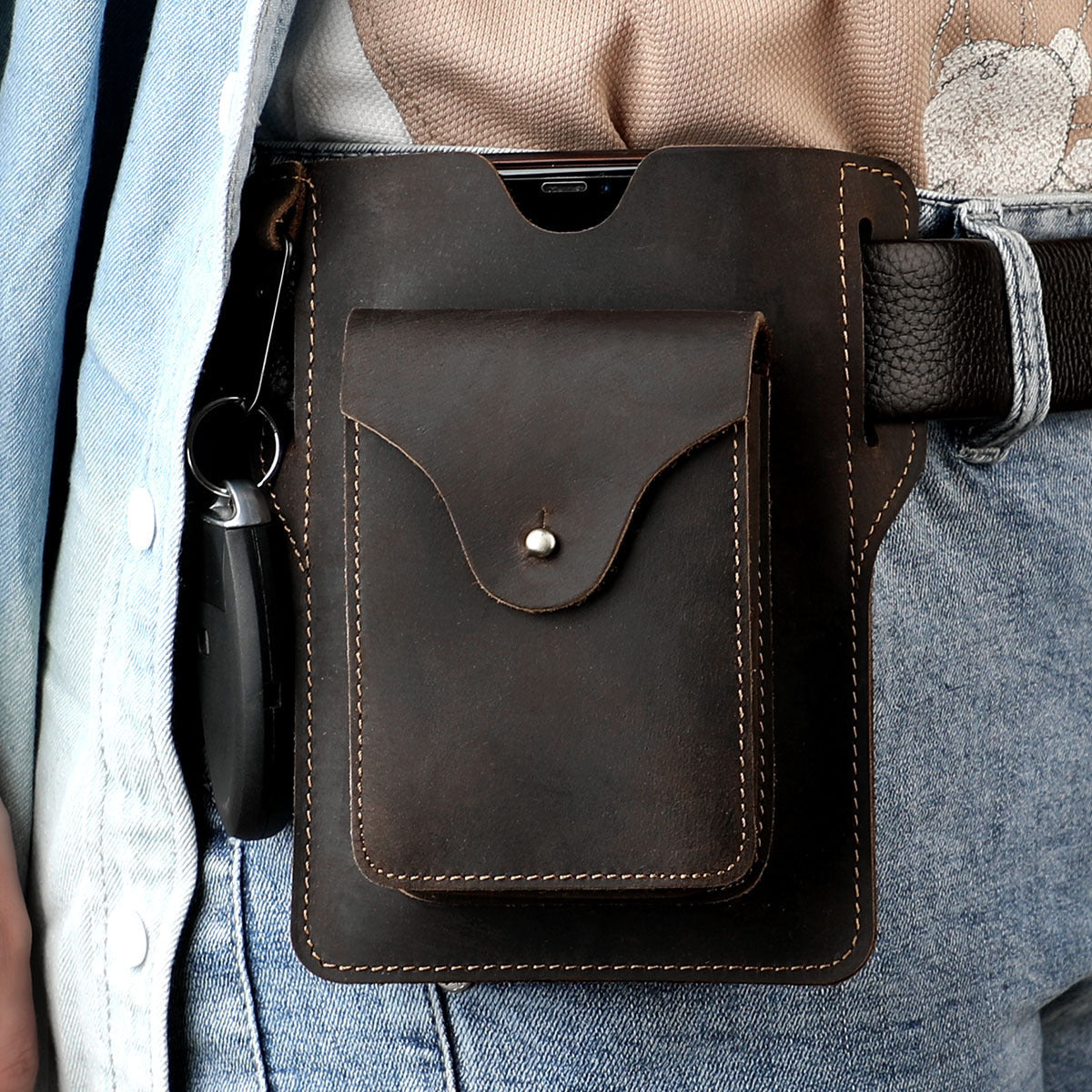 Men's Retro Crazy Horse Leather Mobile Cigarette Men's Waist Packs