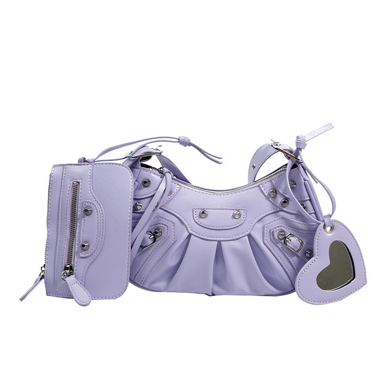Women's Pleated Crescent Son Mother Retro Rivet Shoulder Bags