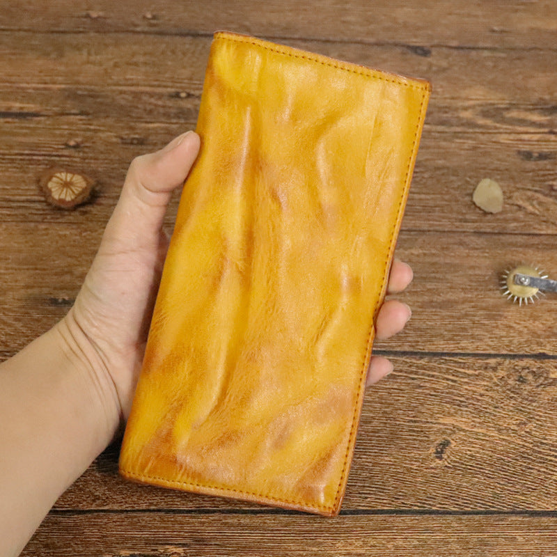 Men's Layer Cowhide Handmade Distressed Pleated Long Men's Wallets