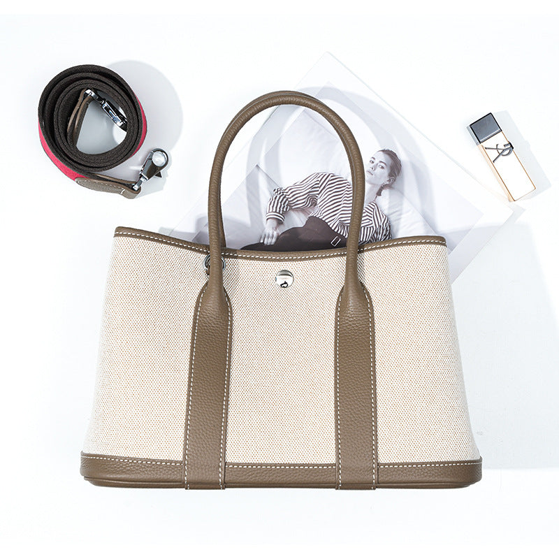 Women's Layer Cowhide Large Capacity Canvas Contrast Color Handbags