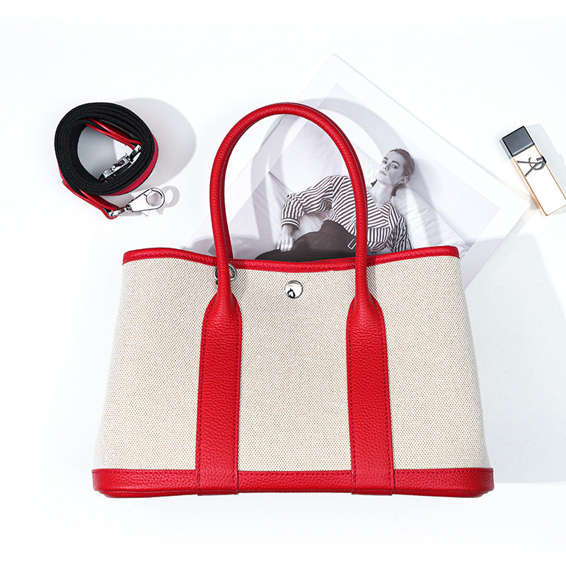 Women's Layer Cowhide Large Capacity Canvas Contrast Color Handbags