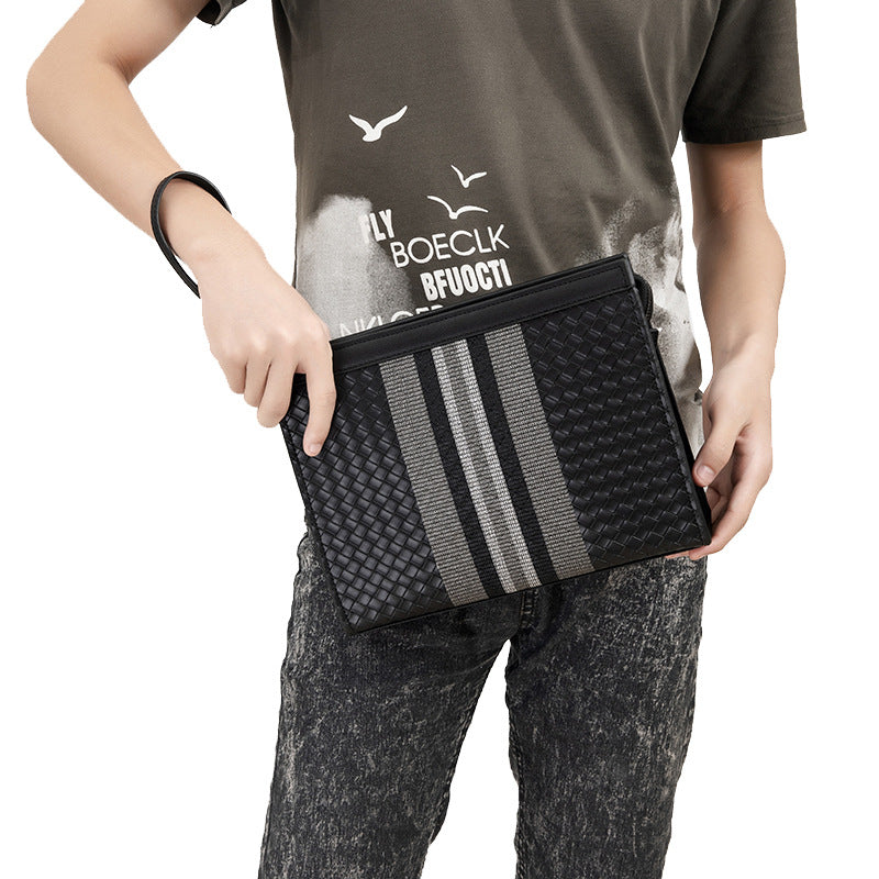 Men's Embroidered Striped Woven Green Envelope Large Men's Handbags