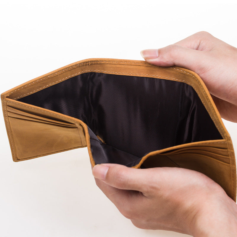 French Three-fold Crazy Horse Leather Cowhide Laser Men's Wallets